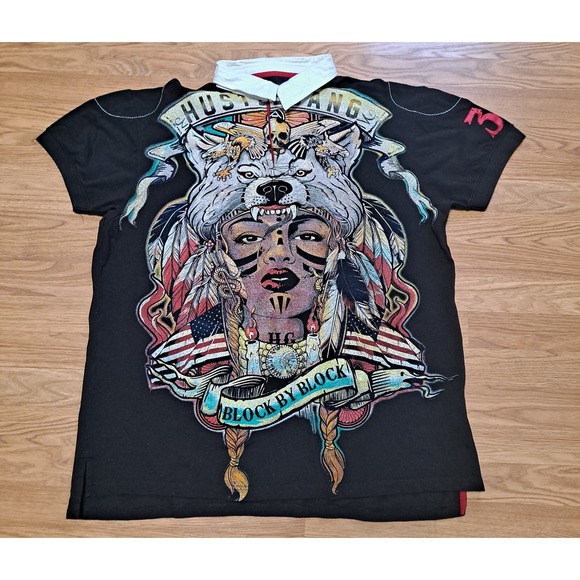 Hustle Gang Other - Hustle Gang Men's Graphic Polo Shirt Size 4XL Wolf/Native American